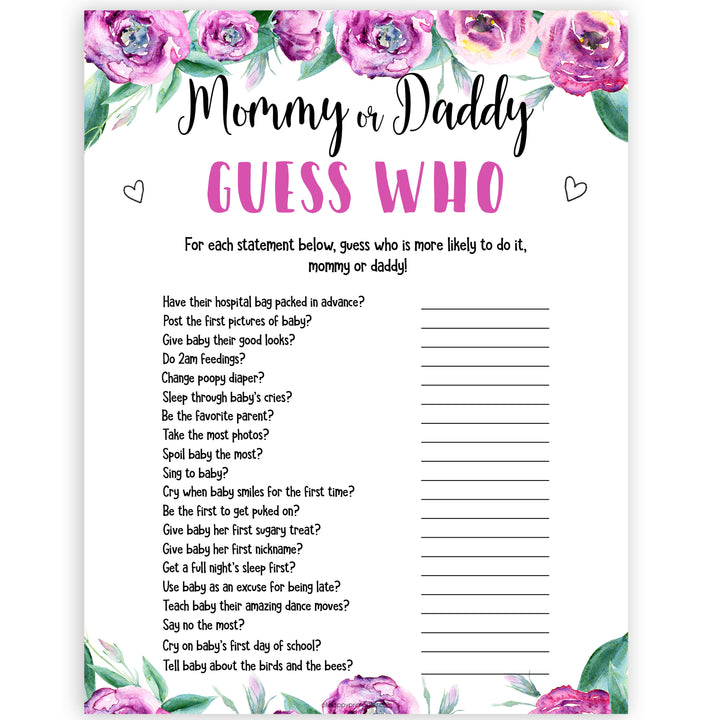 Purple peonies guess whos most likely baby shower games, printable baby shower games, fun baby shower games, baby shower games, popular baby shower games, floral baby shower games, purple baby shower themes