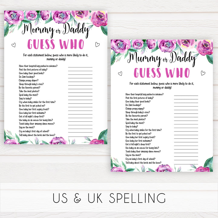 Purple peonies guess whos most likely baby shower games, printable baby shower games, fun baby shower games, baby shower games, popular baby shower games, floral baby shower games, purple baby shower themes