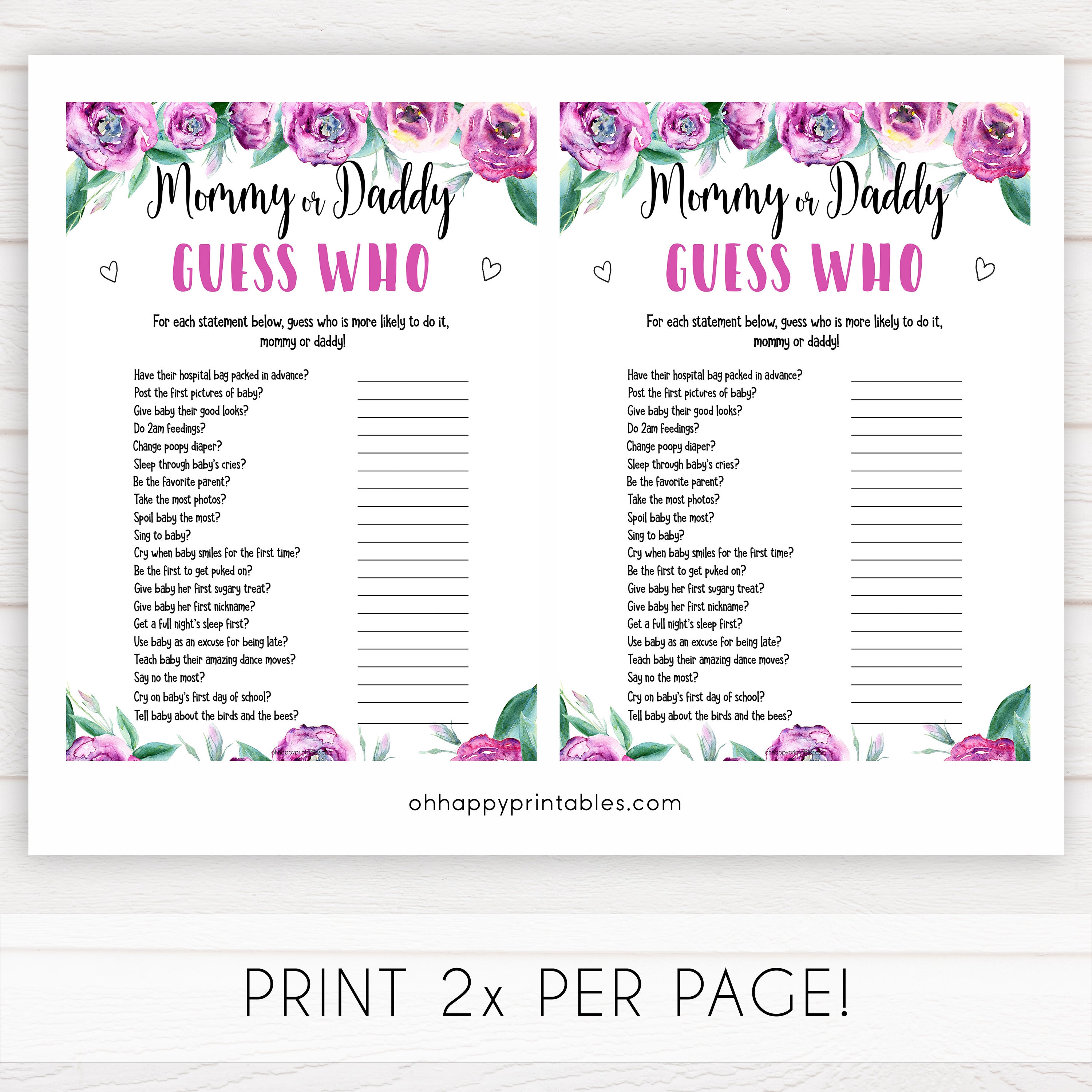 Purple peonies guess whos most likely baby shower games, printable baby shower games, fun baby shower games, baby shower games, popular baby shower games, floral baby shower games, purple baby shower themes