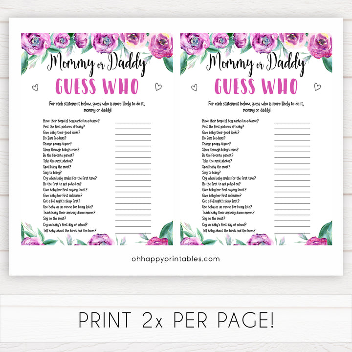 Purple peonies guess whos most likely baby shower games, printable baby shower games, fun baby shower games, baby shower games, popular baby shower games, floral baby shower games, purple baby shower themes
