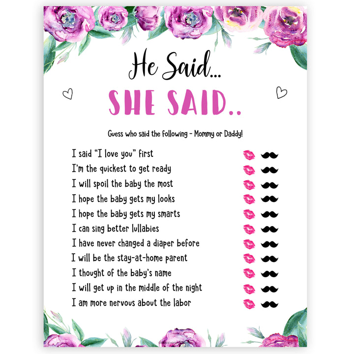Purple peonies he said she said baby shower games, printable baby shower games, fun baby shower games, baby shower games, popular baby shower games, floral baby shower games, purple baby shower themes