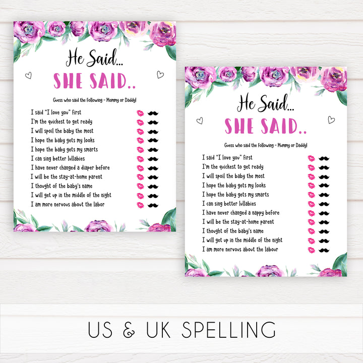 Purple peonies he said she said baby shower games, printable baby shower games, fun baby shower games, baby shower games, popular baby shower games, floral baby shower games, purple baby shower themes