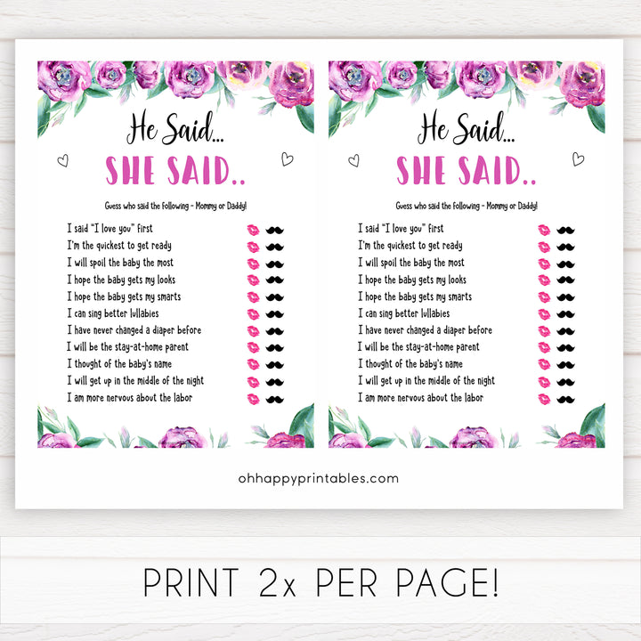 Purple peonies he said she said baby shower games, printable baby shower games, fun baby shower games, baby shower games, popular baby shower games, floral baby shower games, purple baby shower themes