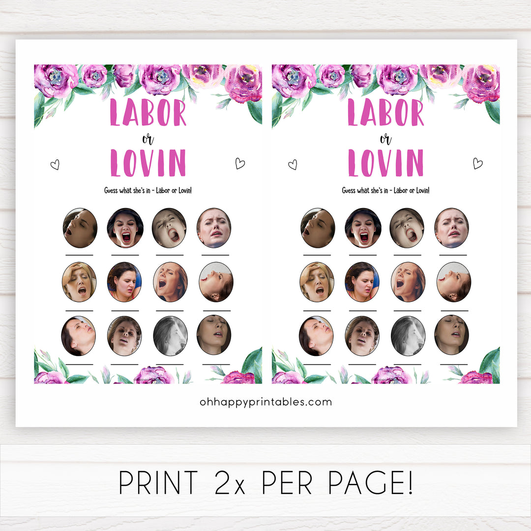 Purple peonies labor or lovin baby shower games, printable baby shower games, fun baby shower games, baby shower games, popular baby shower games, floral baby shower games, purple baby shower themes