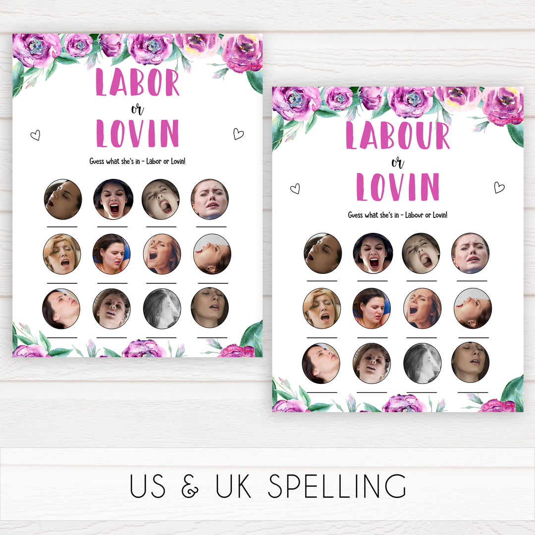 Purple peonies labor or lovin baby shower games, printable baby shower games, fun baby shower games, baby shower games, popular baby shower games, floral baby shower games, purple baby shower themes
