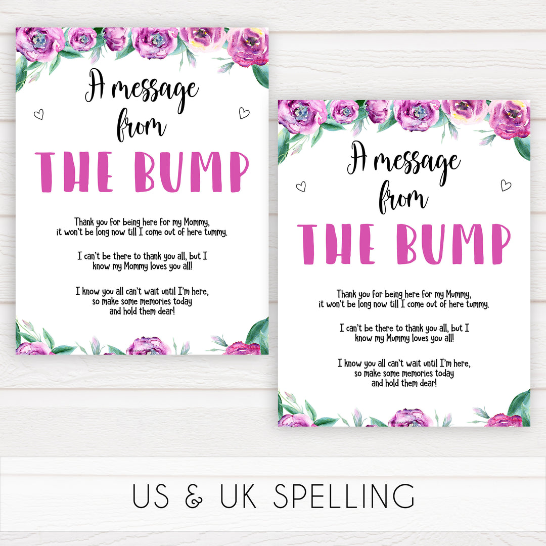 Purple peonies message from the bump baby shower games, printable baby shower games, fun baby shower games, baby shower games, popular baby shower games, floral baby shower games, purple baby shower themes
