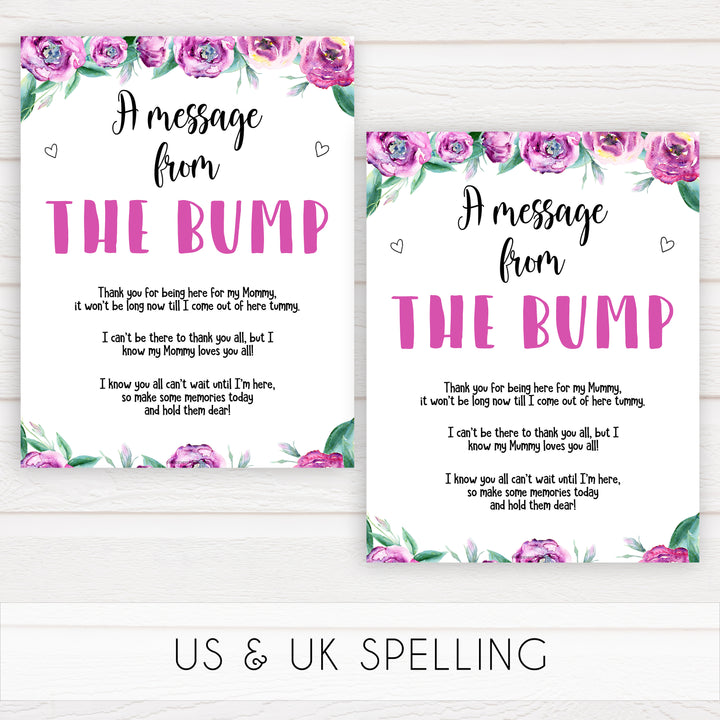Purple peonies message from the bump baby shower games, printable baby shower games, fun baby shower games, baby shower games, popular baby shower games, floral baby shower games, purple baby shower themes