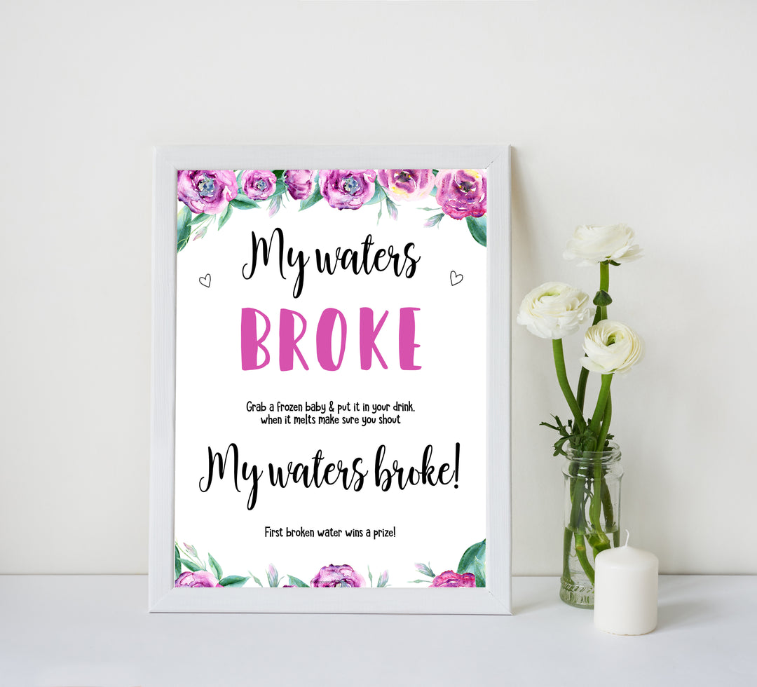 Purple peonies my waters broke baby shower games, printable baby shower games, fun baby shower games, baby shower games, popular baby shower games, floral baby shower games, purple baby shower themes
