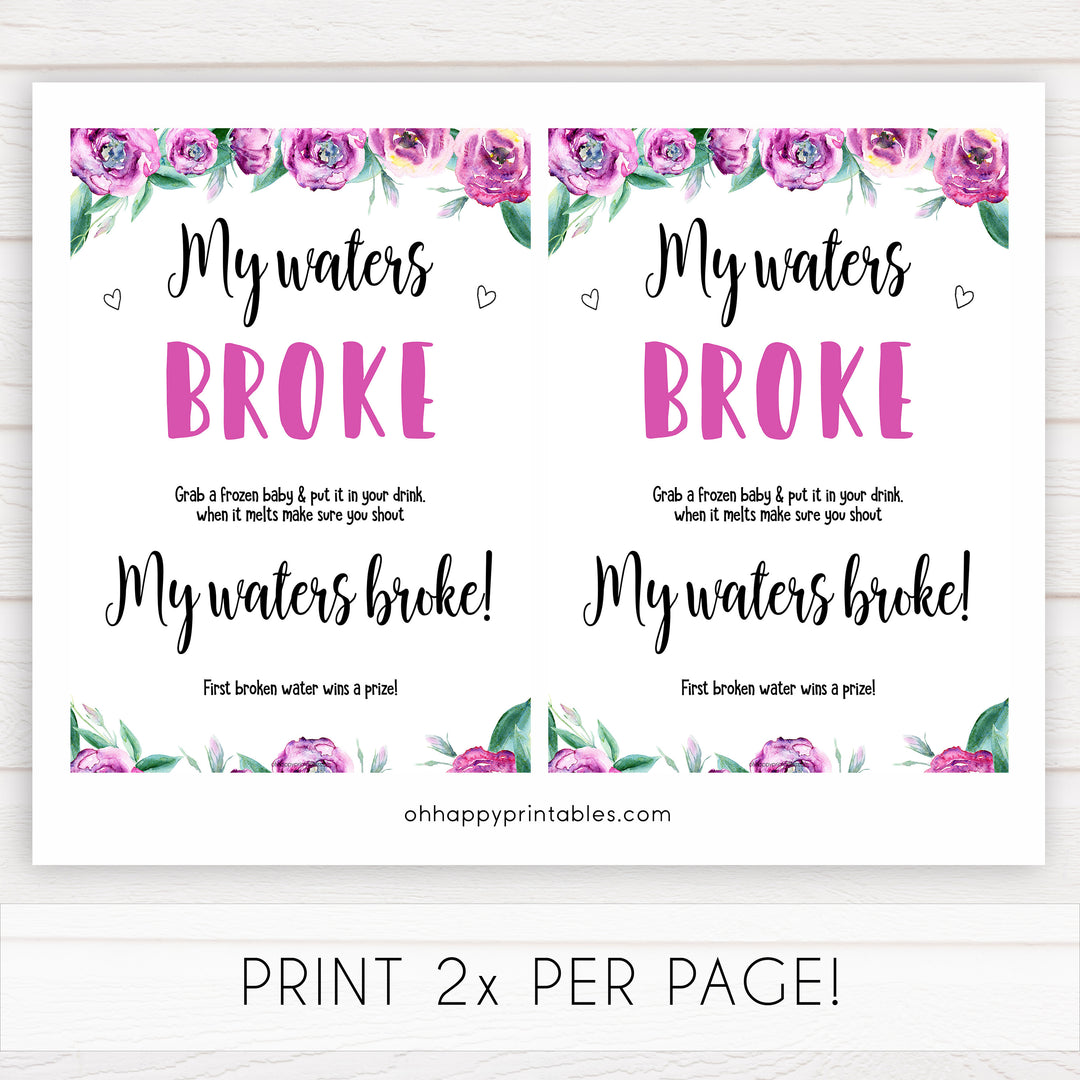 Purple peonies my waters broke baby shower games, printable baby shower games, fun baby shower games, baby shower games, popular baby shower games, floral baby shower games, purple baby shower themes