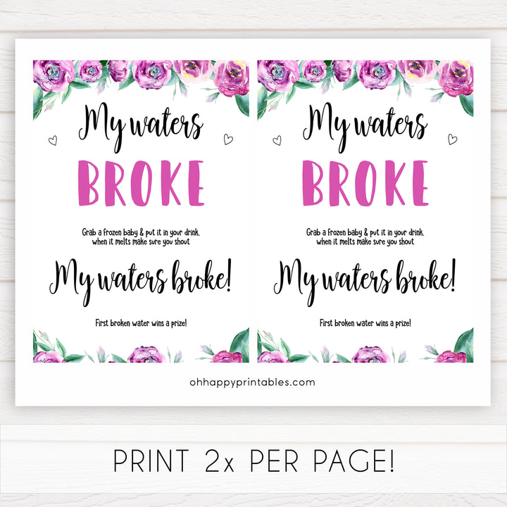 Purple peonies my waters broke baby shower games, printable baby shower games, fun baby shower games, baby shower games, popular baby shower games, floral baby shower games, purple baby shower themes