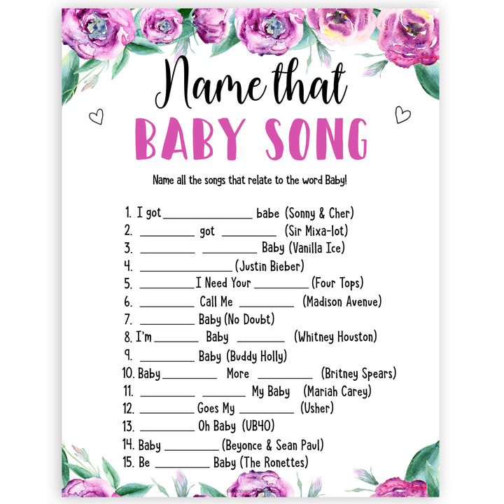 Purple peonies name that baby song baby shower games, printable baby shower games, fun baby shower games, baby shower games, popular baby shower games, floral baby shower games, purple baby shower themes