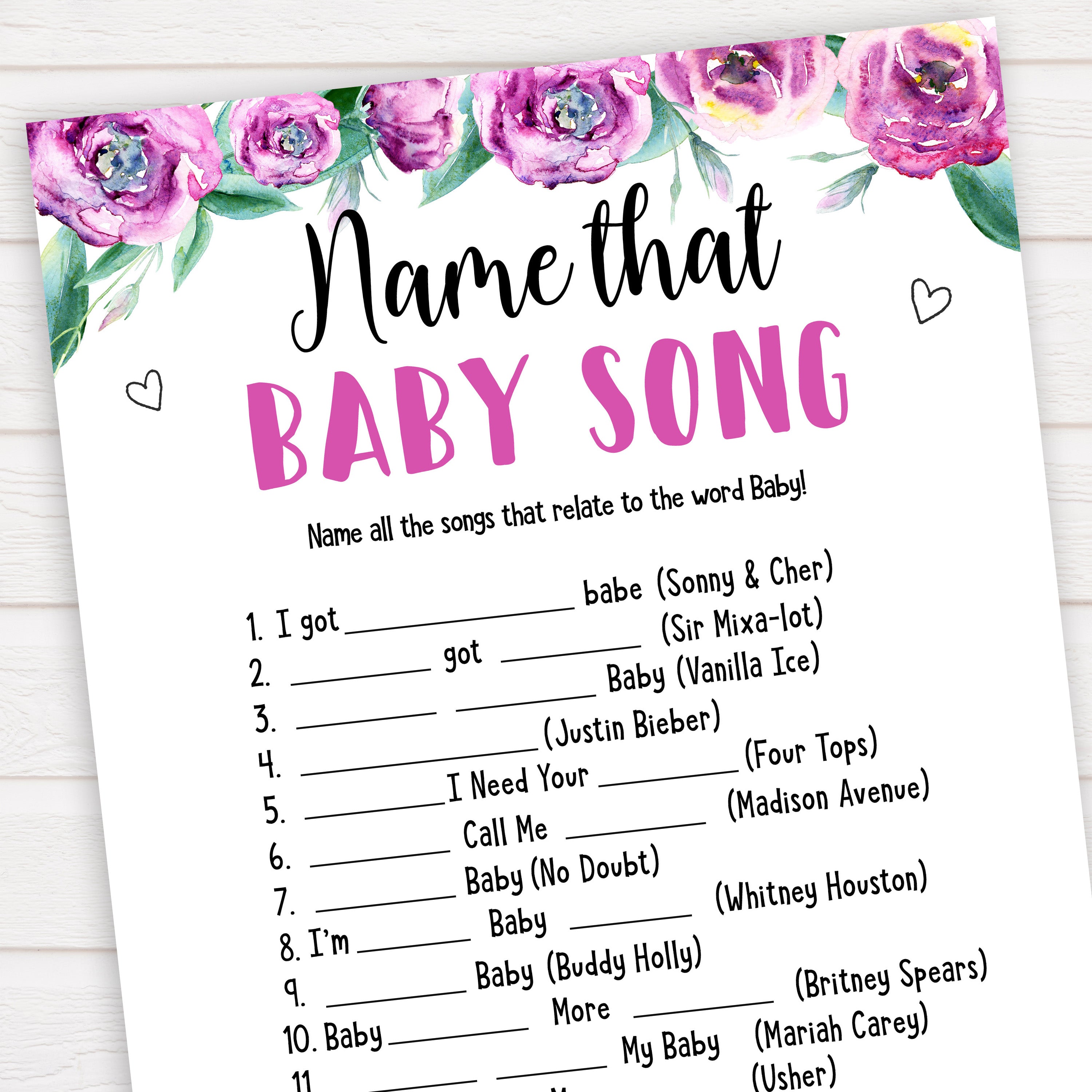 Purple peonies name that baby song baby shower games, printable baby shower games, fun baby shower games, baby shower games, popular baby shower games, floral baby shower games, purple baby shower themes