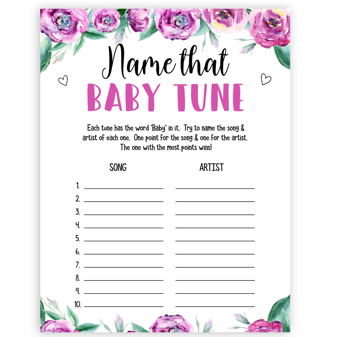 Purple peonies name that baby tune baby shower games, printable baby shower games, fun baby shower games, baby shower games, popular baby shower games, floral baby shower games, purple baby shower themes