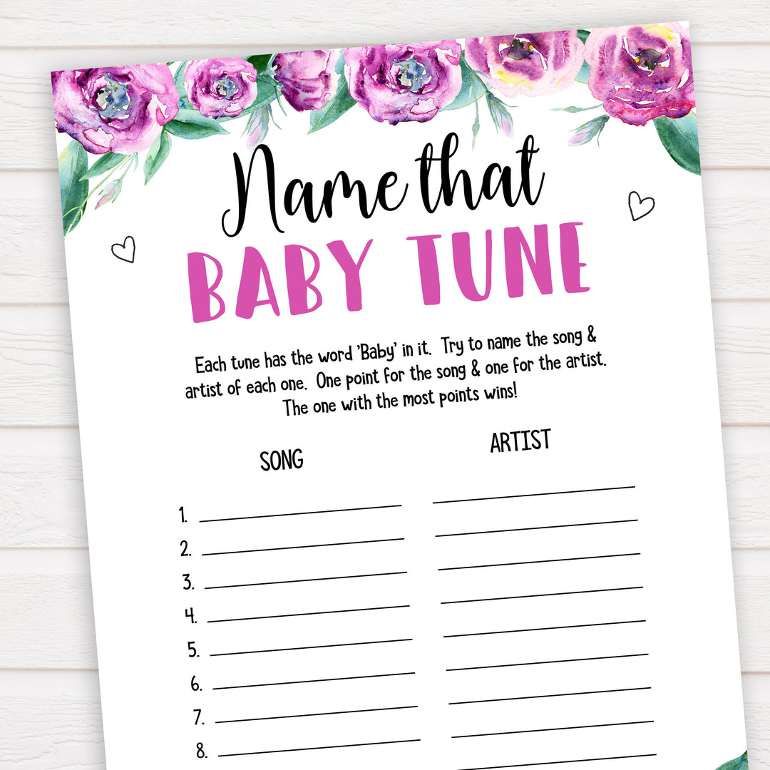 Purple peonies name that baby tune baby shower games, printable baby shower games, fun baby shower games, baby shower games, popular baby shower games, floral baby shower games, purple baby shower themes