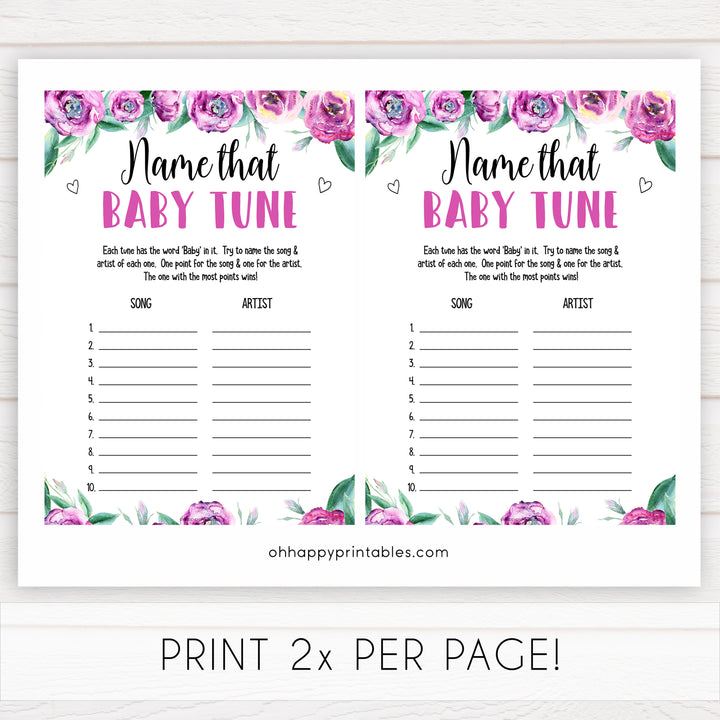 Purple peonies name that baby tune baby shower games, printable baby shower games, fun baby shower games, baby shower games, popular baby shower games, floral baby shower games, purple baby shower themes