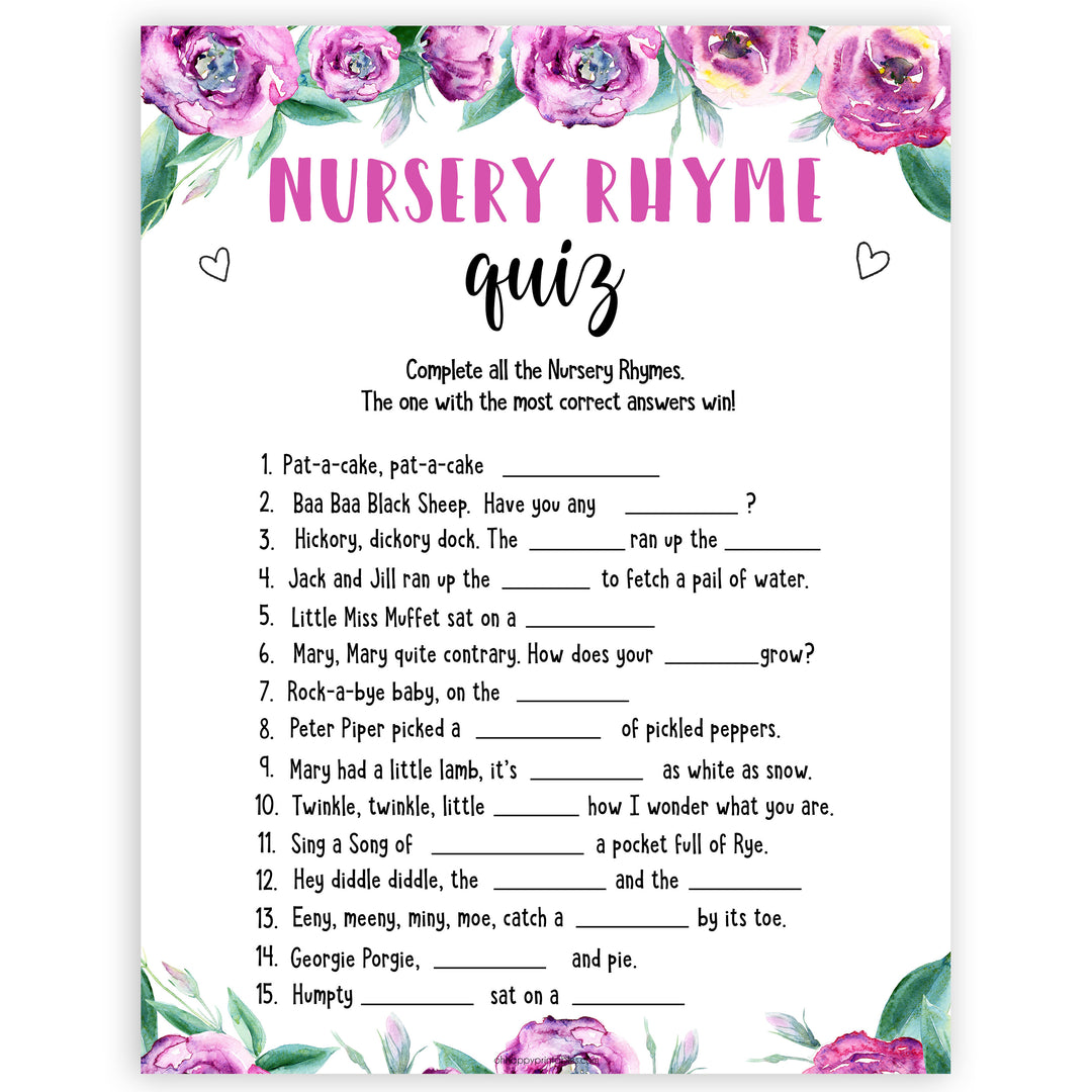 Purple peonies nursery rhyme quiz baby shower games, printable baby shower games, fun baby shower games, baby shower games, popular baby shower games, floral baby shower games, purple baby shower themes