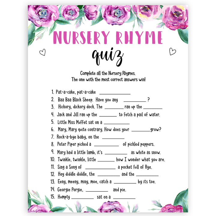 Purple peonies nursery rhyme quiz baby shower games, printable baby shower games, fun baby shower games, baby shower games, popular baby shower games, floral baby shower games, purple baby shower themes