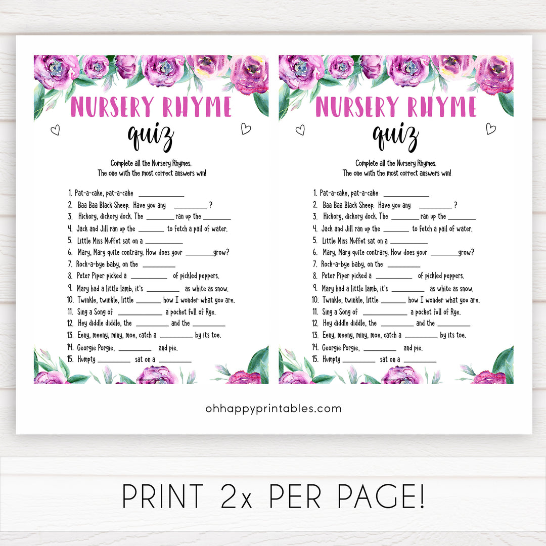 Purple peonies nursery rhyme quiz baby shower games, printable baby shower games, fun baby shower games, baby shower games, popular baby shower games, floral baby shower games, purple baby shower themes