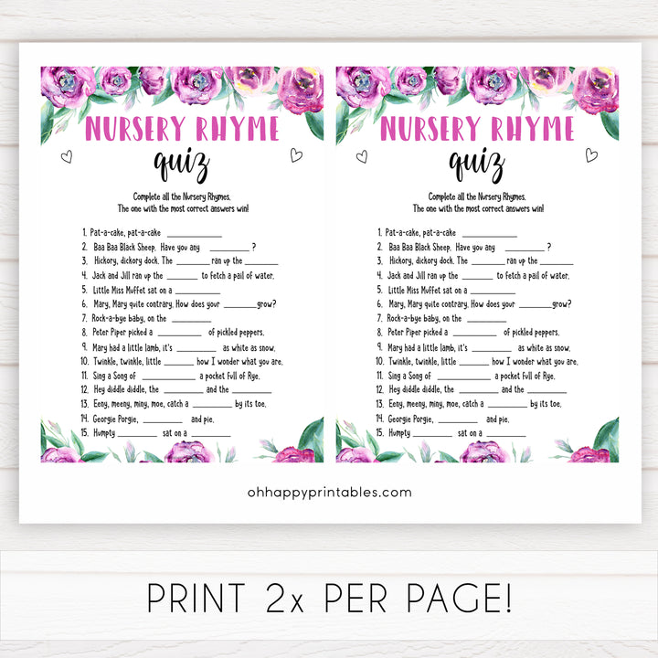 Purple peonies nursery rhyme quiz baby shower games, printable baby shower games, fun baby shower games, baby shower games, popular baby shower games, floral baby shower games, purple baby shower themes