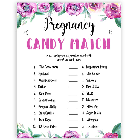 Purple peonies candy match baby shower games, printable baby shower games, fun baby shower games, baby shower games, popular baby shower games, floral baby shower games, purple baby shower themes