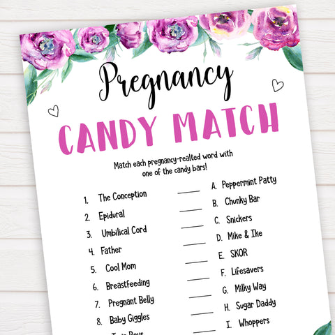 Purple peonies candy match baby shower games, printable baby shower games, fun baby shower games, baby shower games, popular baby shower games, floral baby shower games, purple baby shower themes