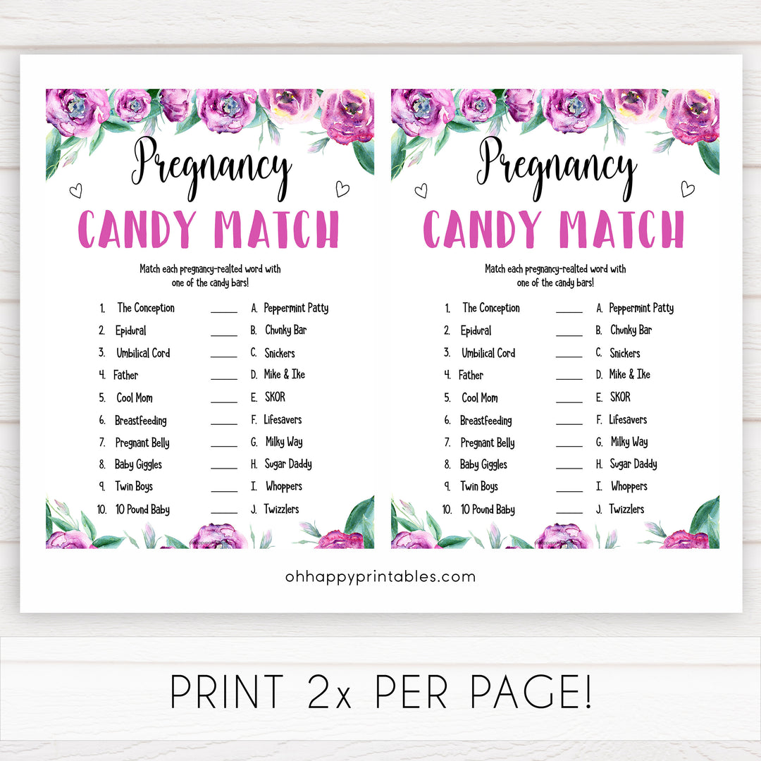 Purple peonies candy match baby shower games, printable baby shower games, fun baby shower games, baby shower games, popular baby shower games, floral baby shower games, purple baby shower themes