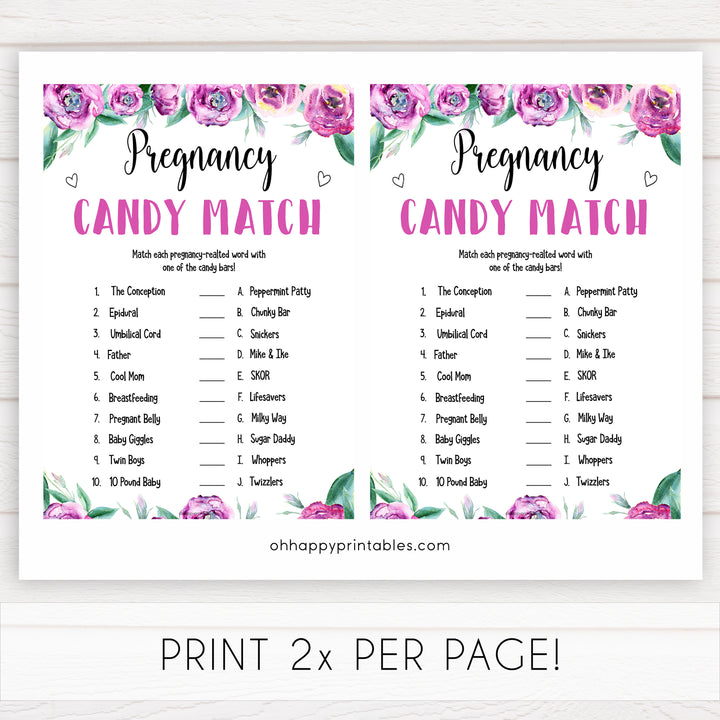 Purple peonies candy match baby shower games, printable baby shower games, fun baby shower games, baby shower games, popular baby shower games, floral baby shower games, purple baby shower themes
