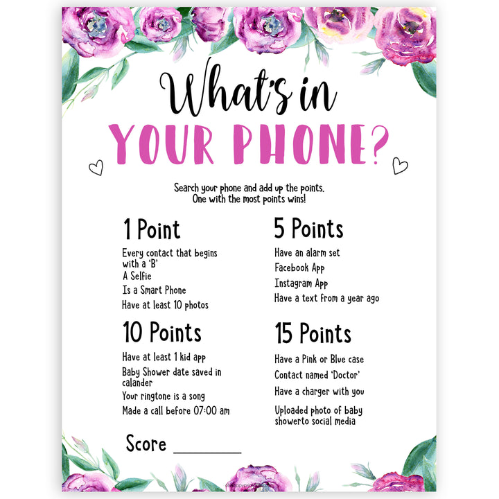 Purple peonies whats in your phone baby shower games, printable baby shower games, fun baby shower games, baby shower games, popular baby shower games, floral baby shower games, purple baby shower themes