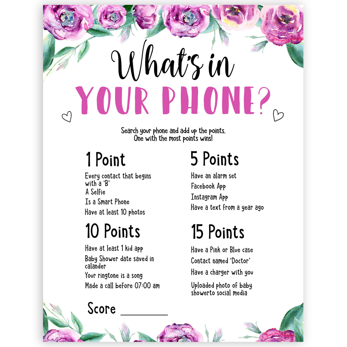 Purple peonies whats in your phone baby shower games, printable baby shower games, fun baby shower games, baby shower games, popular baby shower games, floral baby shower games, purple baby shower themes