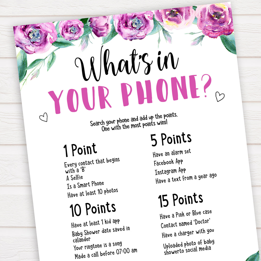 Purple peonies whats in your phone baby shower games, printable baby shower games, fun baby shower games, baby shower games, popular baby shower games, floral baby shower games, purple baby shower themes