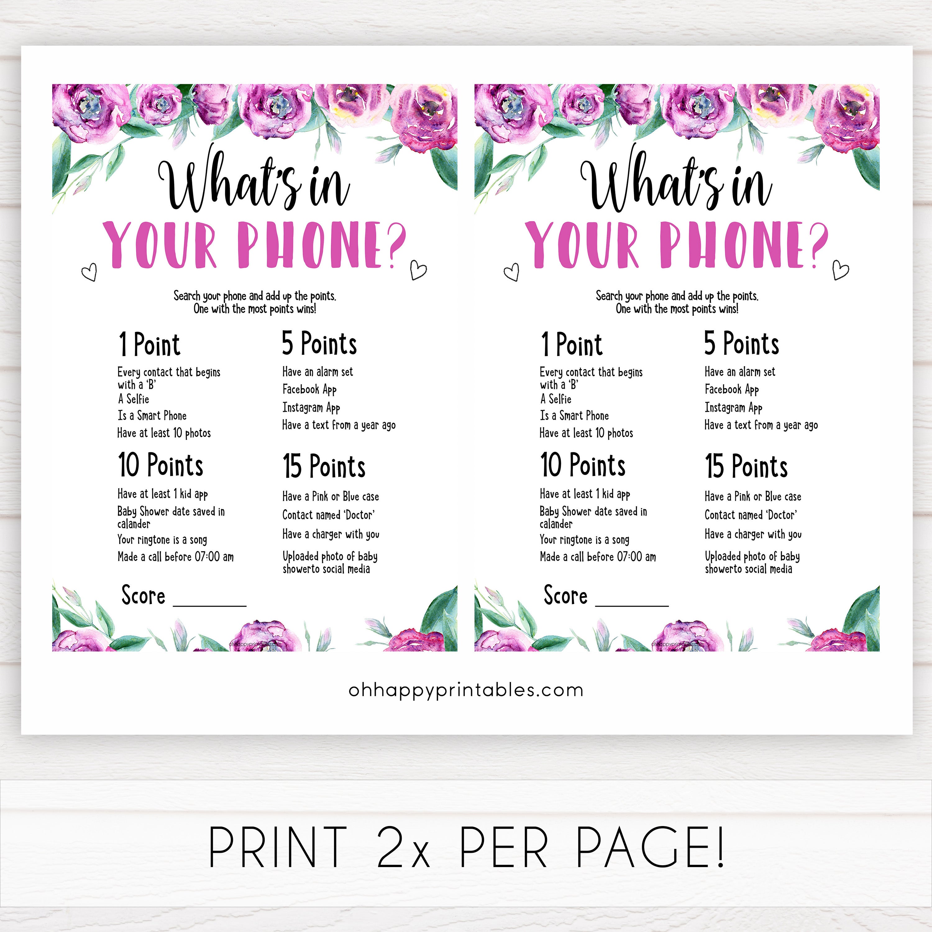 Purple peonies whats in your phone baby shower games, printable baby shower games, fun baby shower games, baby shower games, popular baby shower games, floral baby shower games, purple baby shower themes