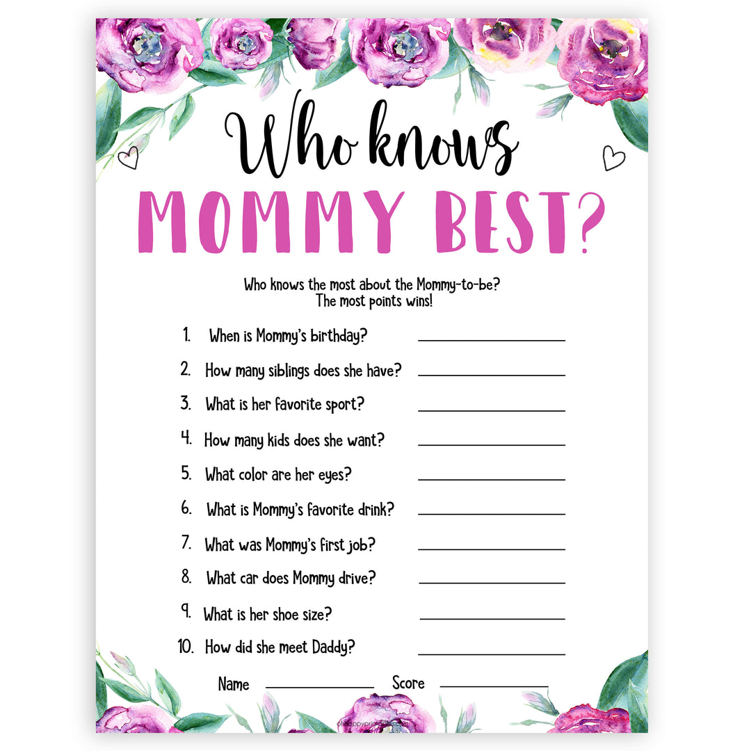 Purple peonies who knows mommy best baby shower games, printable baby shower games, fun baby shower games, baby shower games, popular baby shower games, floral baby shower games, purple baby shower themes