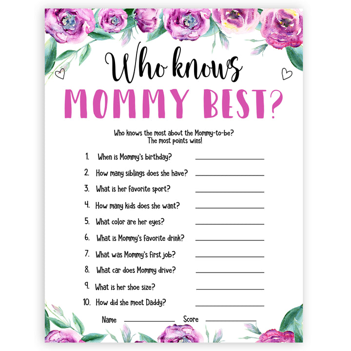 Purple peonies who knows mommy best baby shower games, printable baby shower games, fun baby shower games, baby shower games, popular baby shower games, floral baby shower games, purple baby shower themes