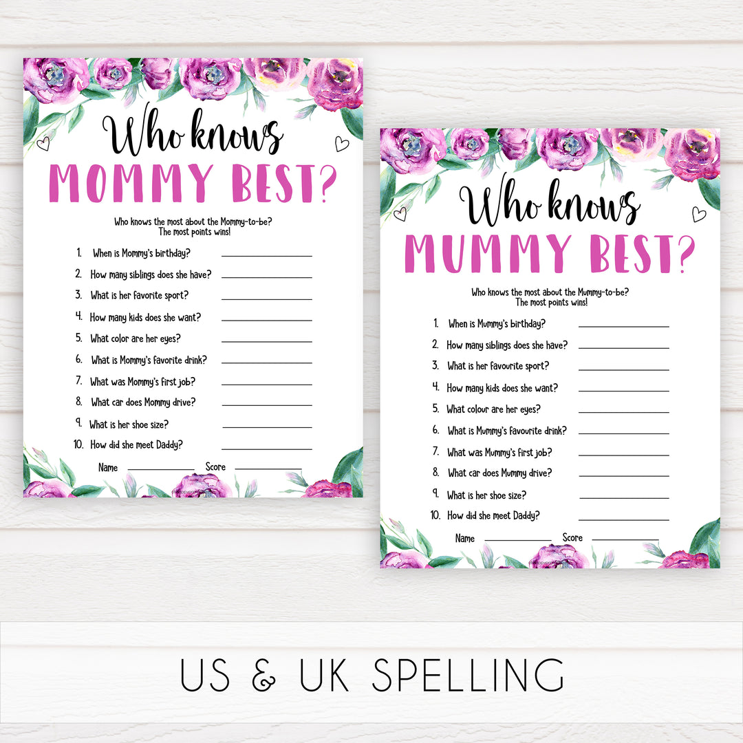 Purple peonies who knows mommy best baby shower games, printable baby shower games, fun baby shower games, baby shower games, popular baby shower games, floral baby shower games, purple baby shower themes