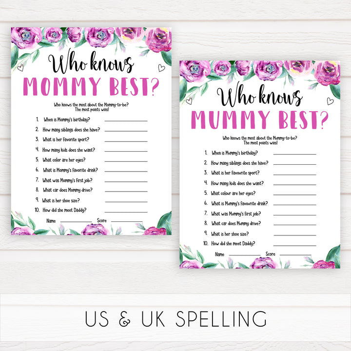 Purple peonies who knows mommy best baby shower games, printable baby shower games, fun baby shower games, baby shower games, popular baby shower games, floral baby shower games, purple baby shower themes