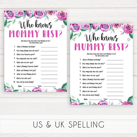 Purple peonies who knows mommy best baby shower games, printable baby shower games, fun baby shower games, baby shower games, popular baby shower games, floral baby shower games, purple baby shower themes