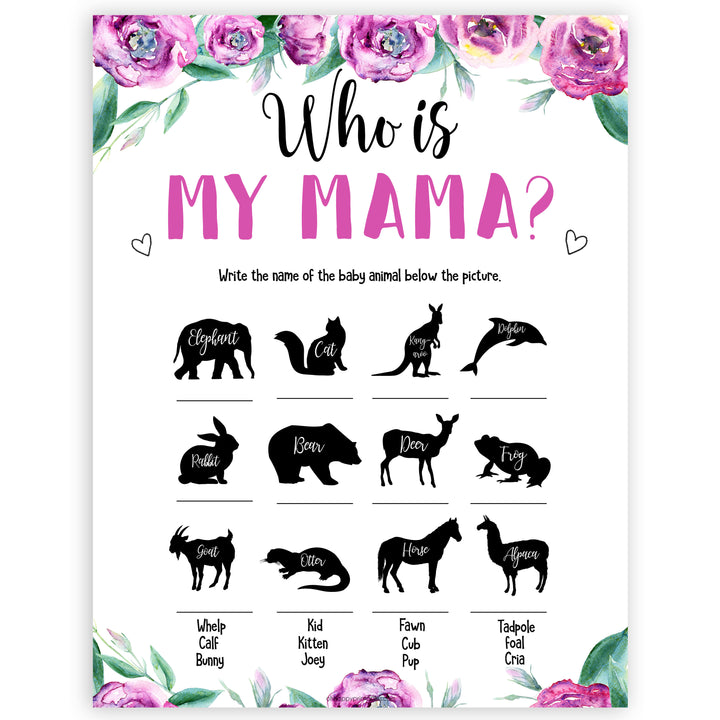 Purple peonies who is my mama baby shower games, printable baby shower games, fun baby shower games, baby shower games, popular baby shower games, floral baby shower games, purple baby shower themes