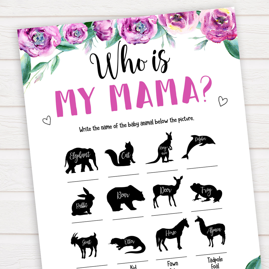 Purple peonies who is my mama baby shower games, printable baby shower games, fun baby shower games, baby shower games, popular baby shower games, floral baby shower games, purple baby shower themes