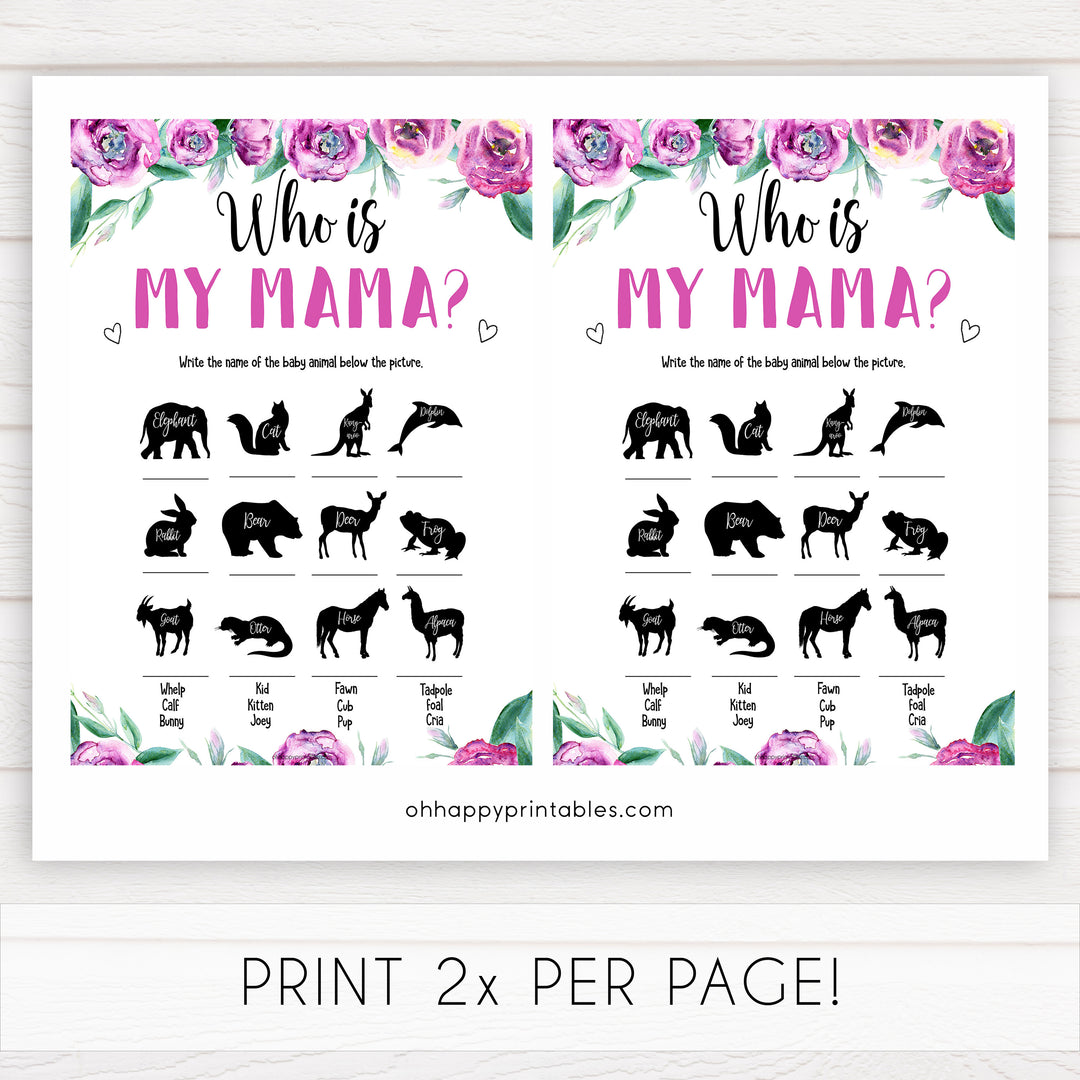 Purple peonies who is my mama baby shower games, printable baby shower games, fun baby shower games, baby shower games, popular baby shower games, floral baby shower games, purple baby shower themes