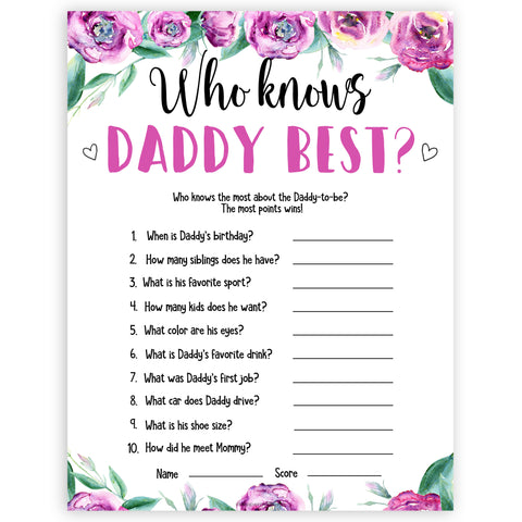 Purple peonies who knows daddy best baby shower games, printable baby shower games, fun baby shower games, baby shower games, popular baby shower games, floral baby shower games, purple baby shower themes