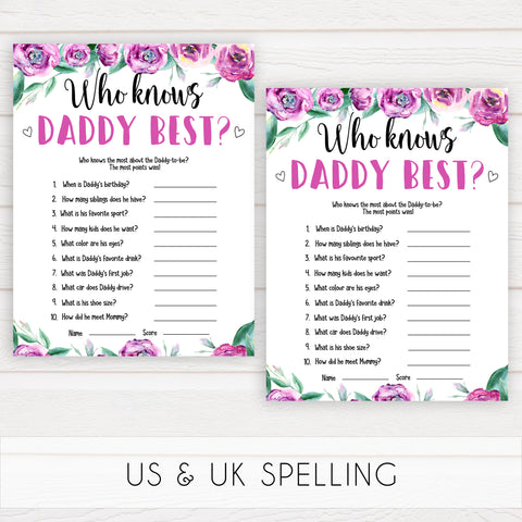 Purple peonies who knows daddy best baby shower games, printable baby shower games, fun baby shower games, baby shower games, popular baby shower games, floral baby shower games, purple baby shower themes