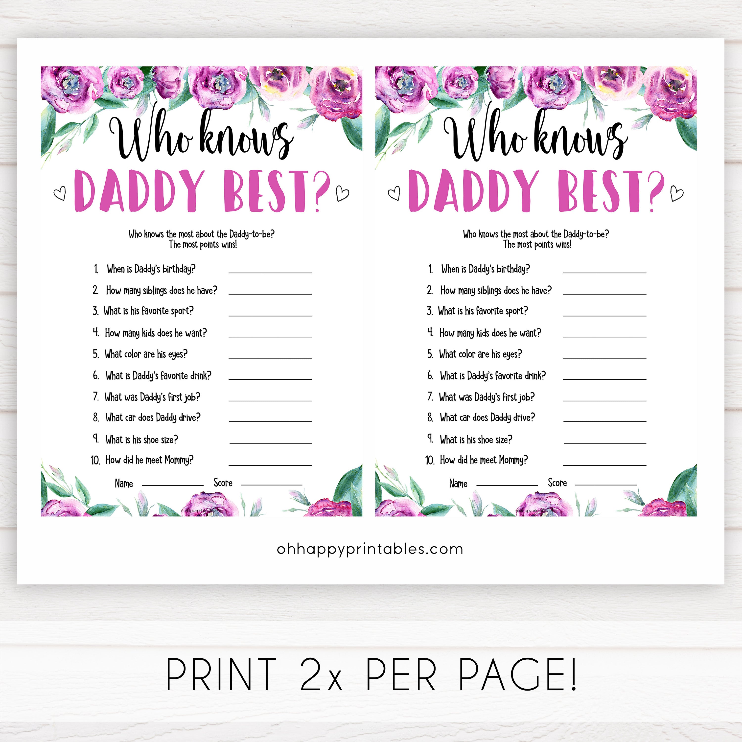 Purple peonies who knows daddy best baby shower games, printable baby shower games, fun baby shower games, baby shower games, popular baby shower games, floral baby shower games, purple baby shower themes