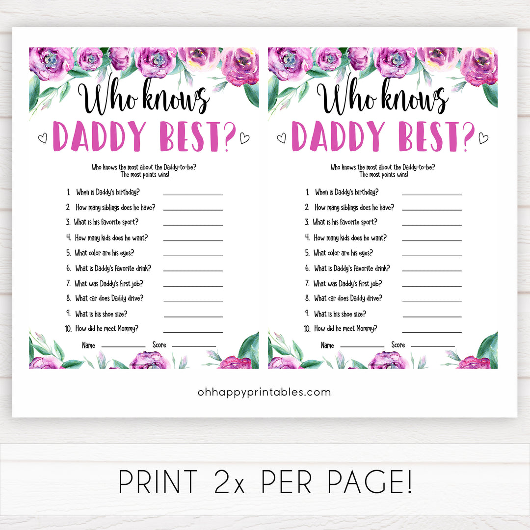 Purple peonies who knows daddy best baby shower games, printable baby shower games, fun baby shower games, baby shower games, popular baby shower games, floral baby shower games, purple baby shower themes