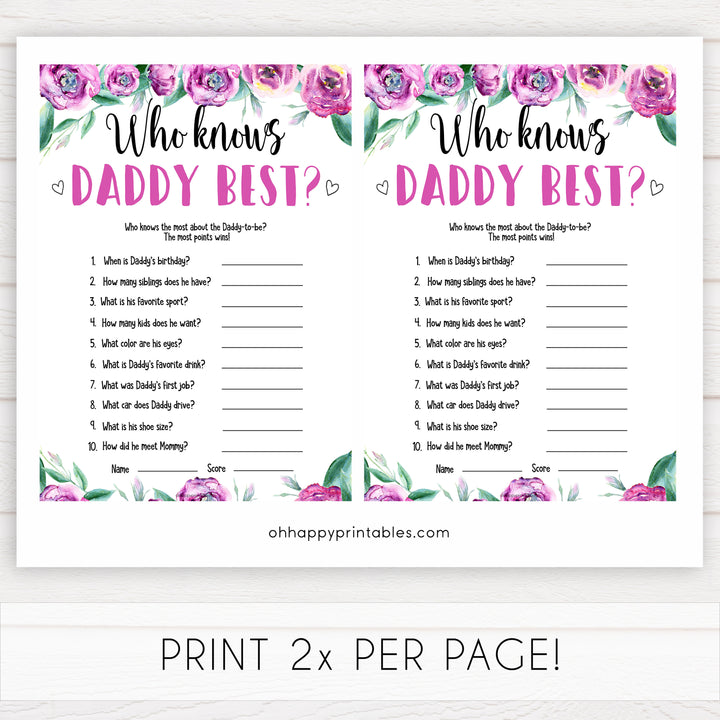 Purple peonies who knows daddy best baby shower games, printable baby shower games, fun baby shower games, baby shower games, popular baby shower games, floral baby shower games, purple baby shower themes