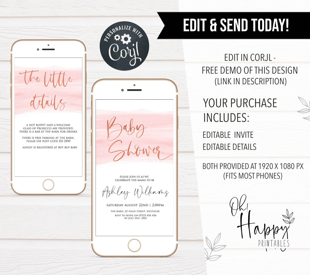 editable pink swash mobile invitation, editable mobile baby shower invite, cell phone baby shower invite, pink swash baby invite