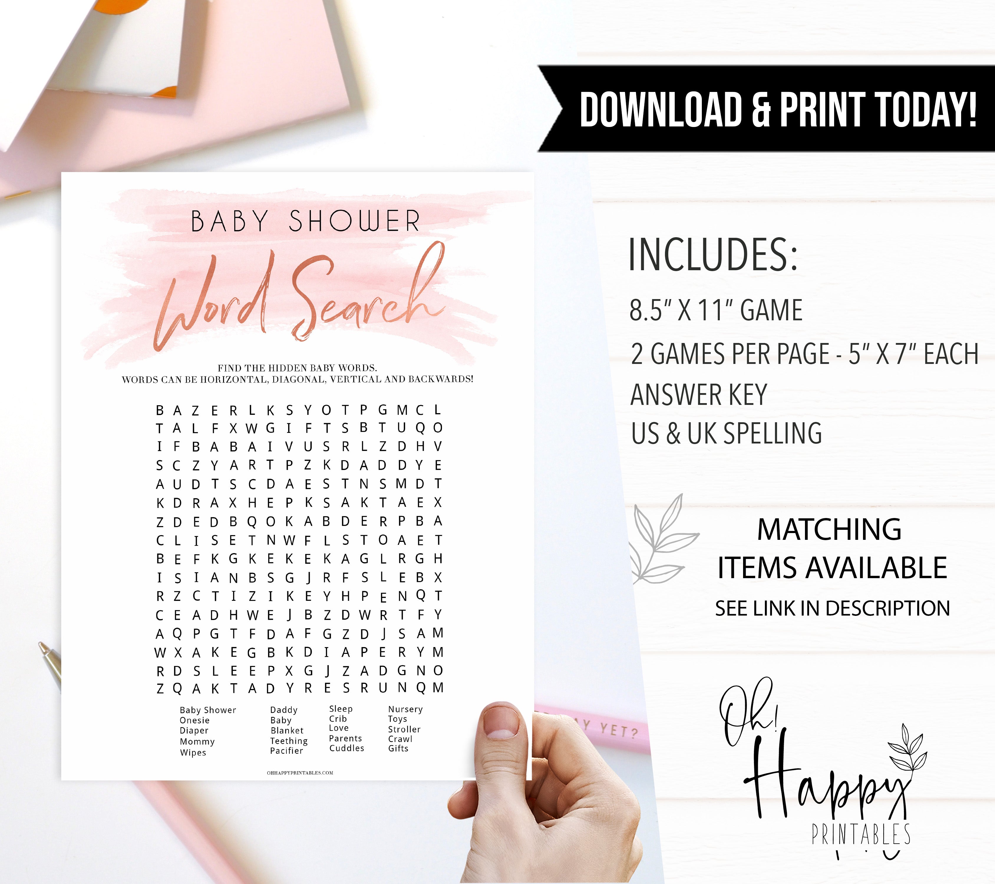 Pink swash baby games, baby shower word search, printable baby games, fun baby games, pink baby shower, top baby games, fun baby games, its a girl baby game