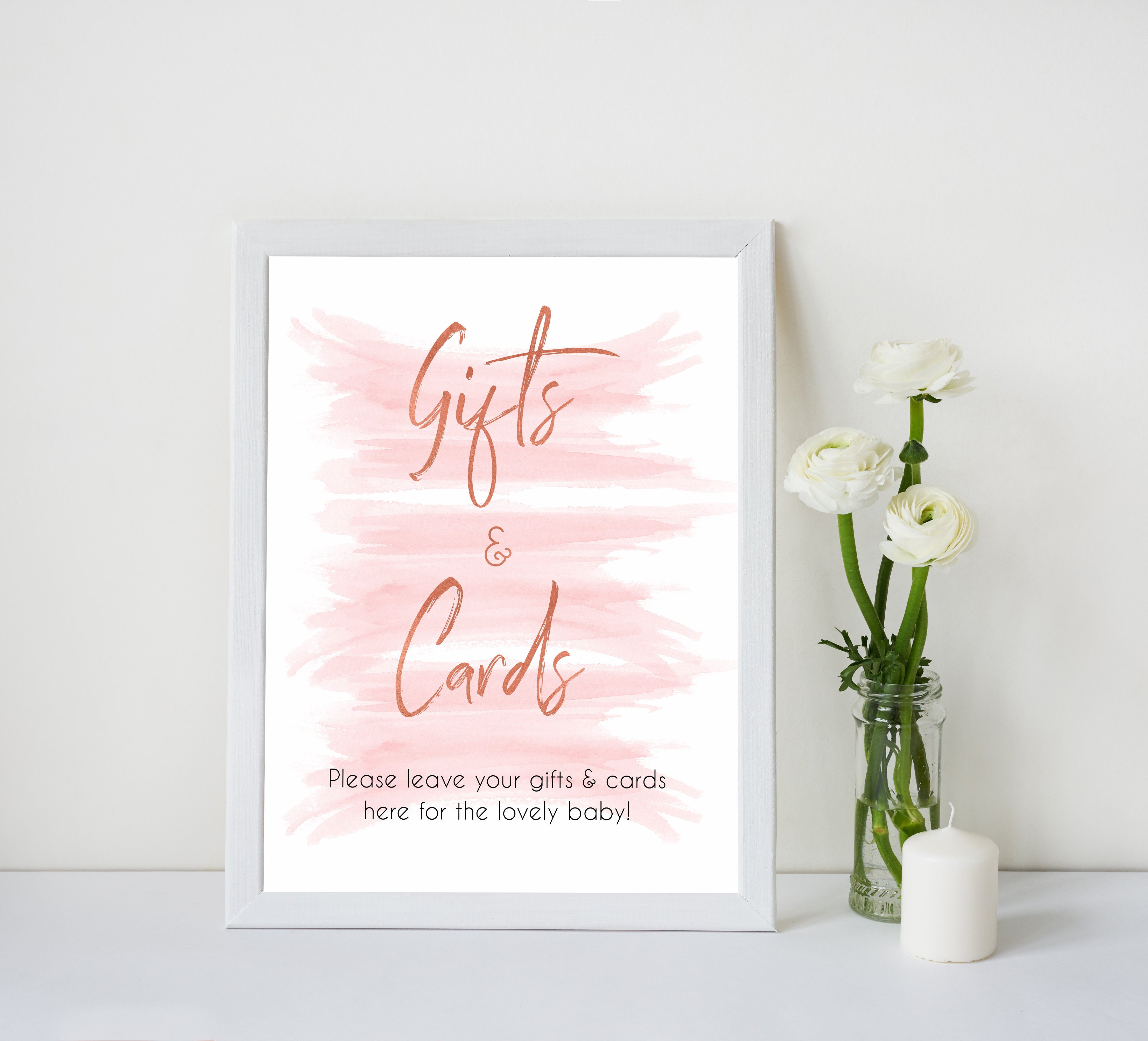 pink gifts and cards baby sign, gift and cards baby sign, printable baby signs, pink baby shower decor, baby decor, baby signs, pink baby signs