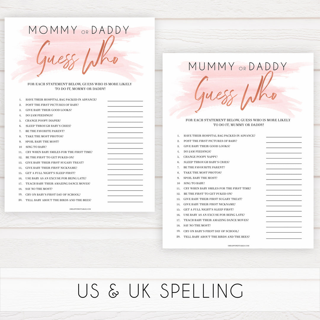 pink swash mommy or daddy guess who game, baby shower games, printable baby shower games, fun baby shower games, popular baby shower games