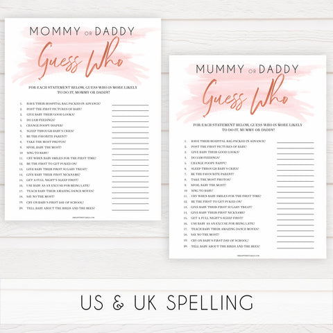 pink swash mommy or daddy guess who game, baby shower games, printable baby shower games, fun baby shower games, popular baby shower games