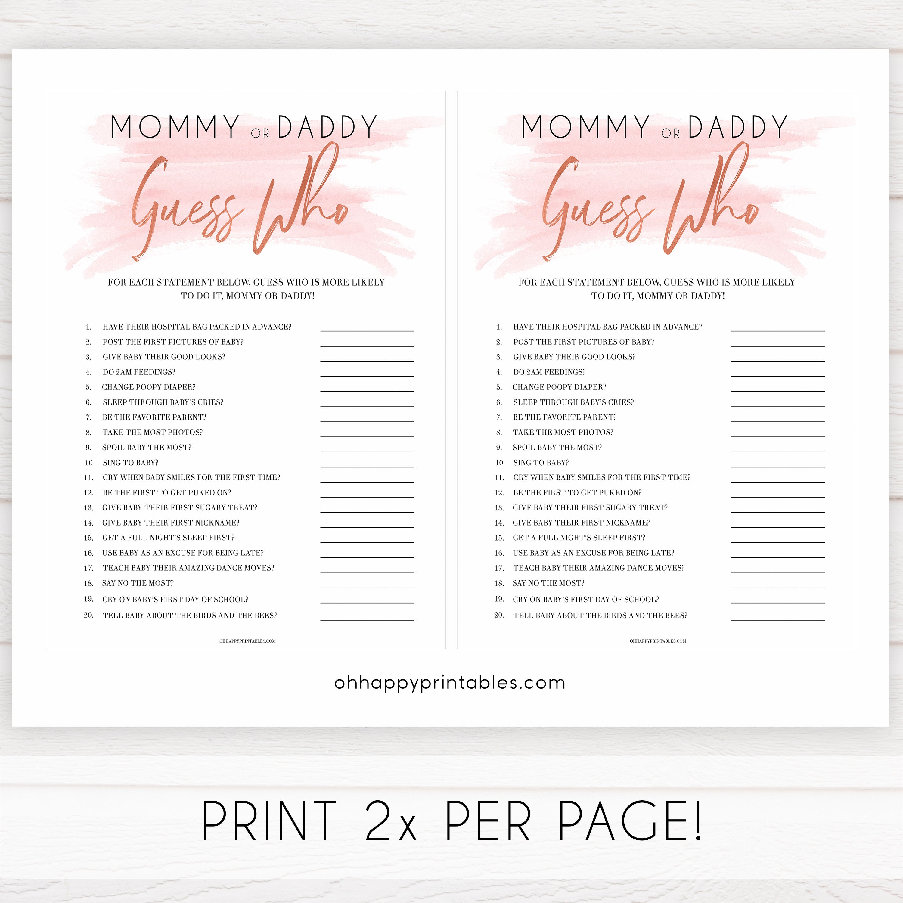 pink swash mommy or daddy guess who game, baby shower games, printable baby shower games, fun baby shower games, popular baby shower games